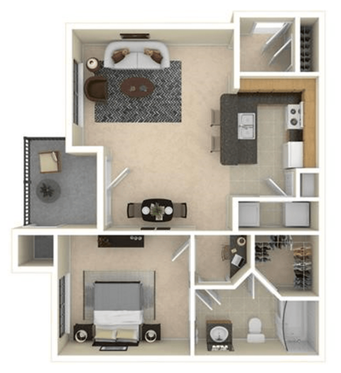 Floor plan for 1 bed, 1 bath, 756 sqft